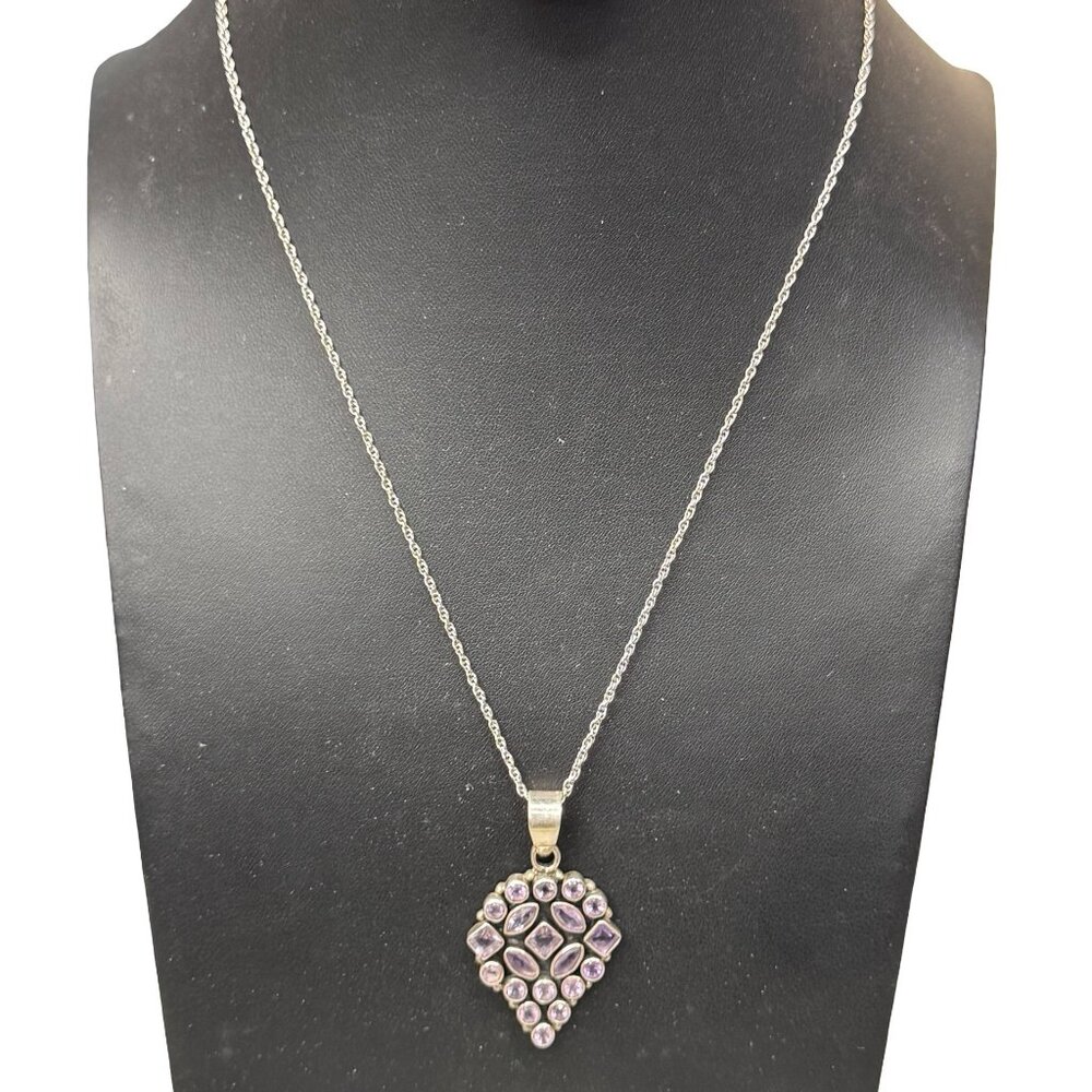 Gorham Sterling Silver Necklace W/ Amethyst Purple Gemstone Pendant 17" Estate - Picture 2 of 8